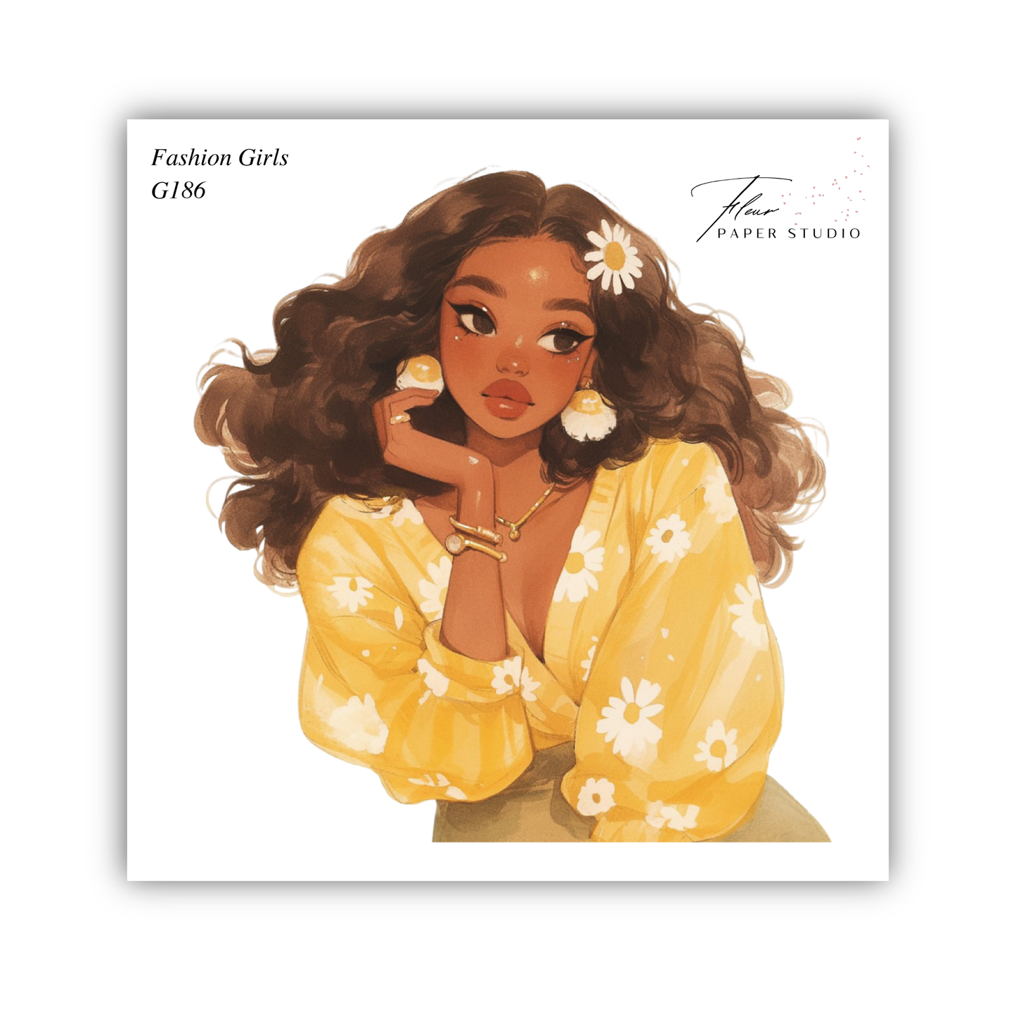 A stylized illustration of a young woman with curly brown hair wearing a yellow floral blouse and earrings, posing with one hand on her chin.