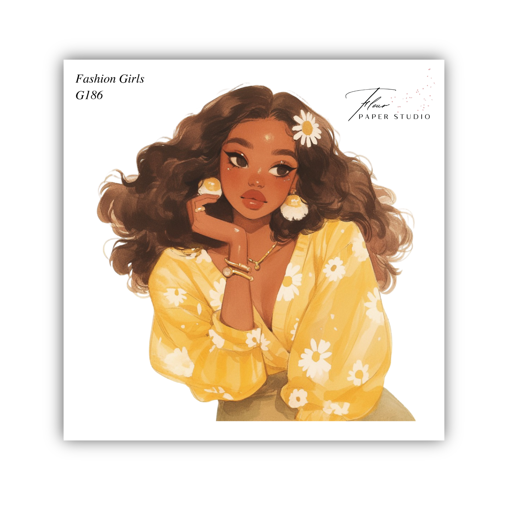 A stylized illustration of a young woman with curly brown hair wearing a yellow floral blouse and earrings, posing with one hand on her chin.