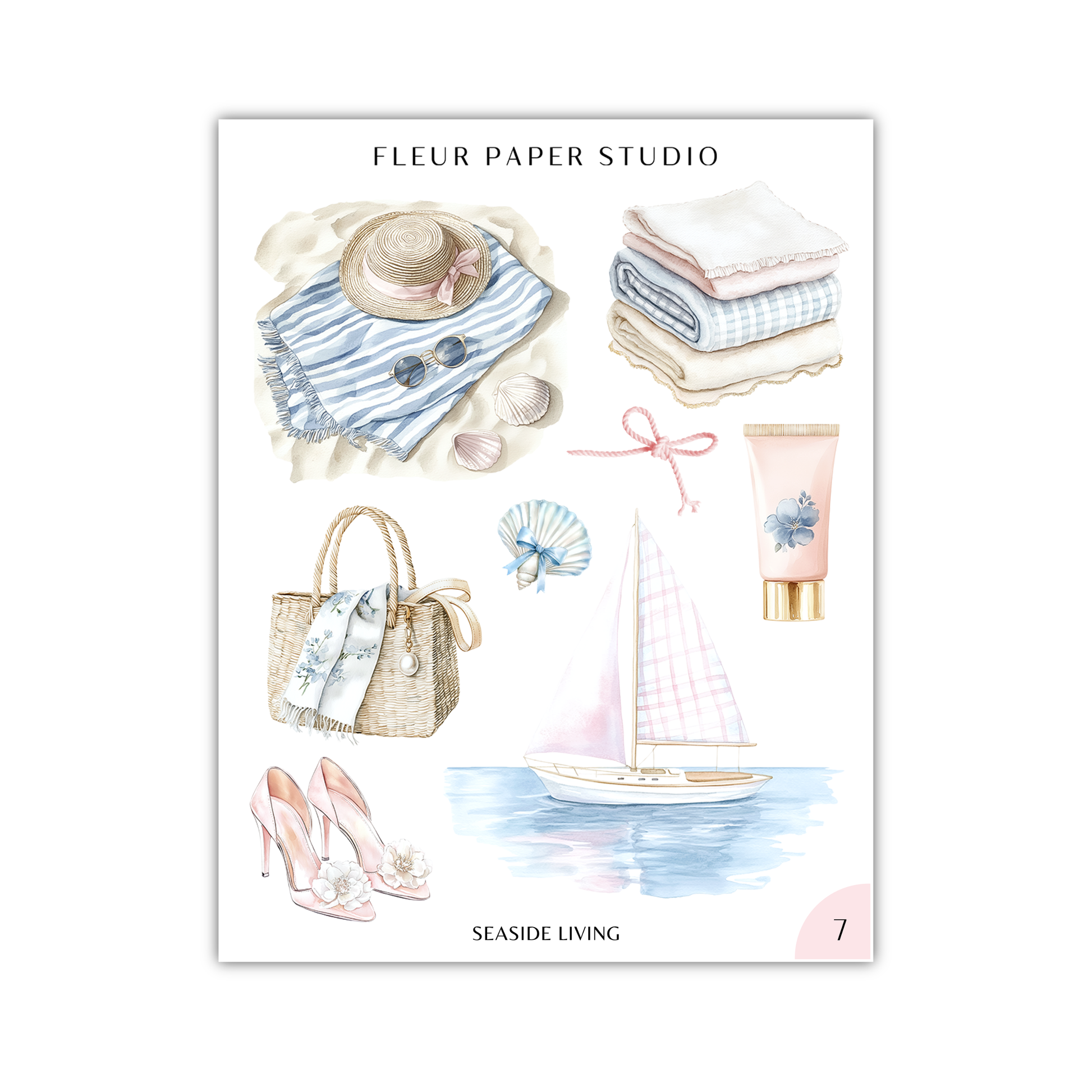 The image is a collage of various objects related to leisure and relaxation, including a hat, a towel, a handbag, a pair of shoes, a sailboat, and a bottle.
