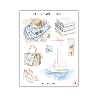 The image is a collage of various objects related to leisure and relaxation, including a hat, a towel, a handbag, a pair of shoes, a sailboat, and a bottle.