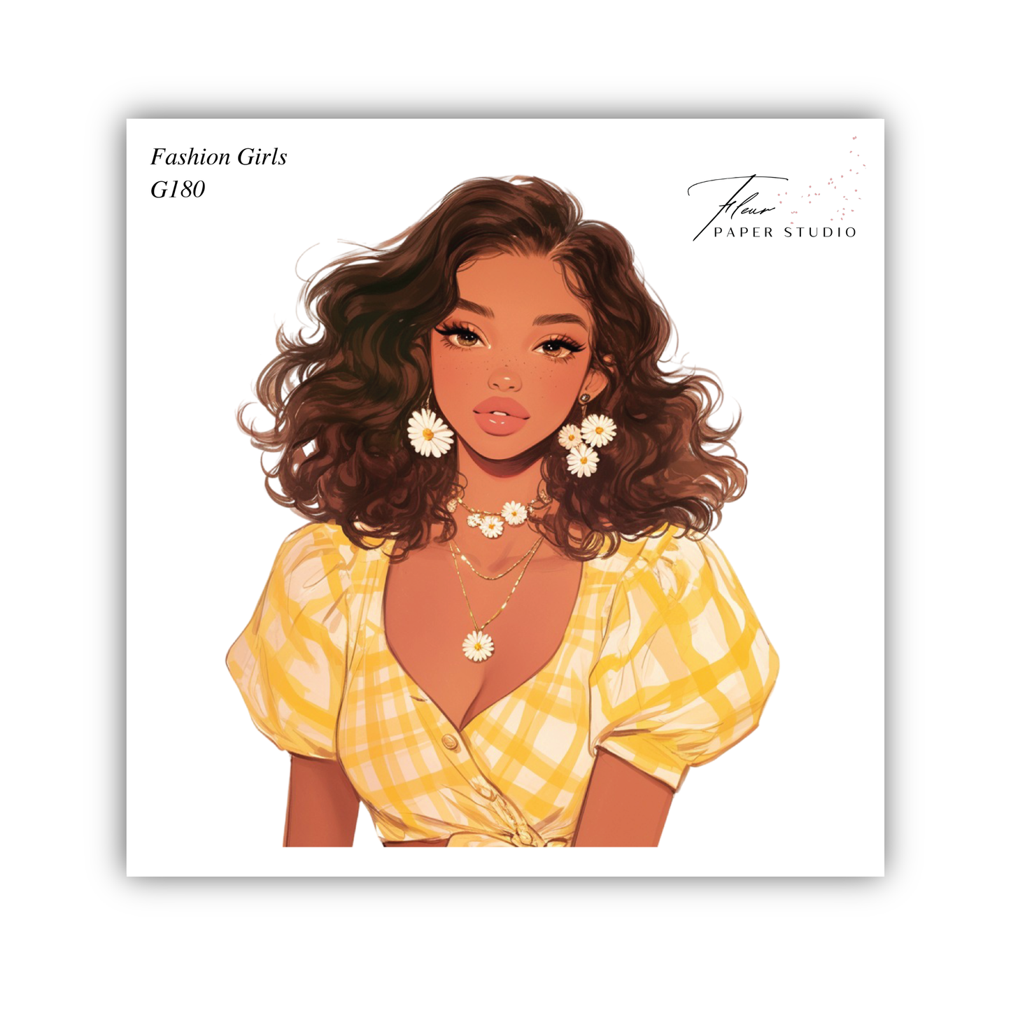 A stylized illustration of a young woman with long, curly hair wearing a yellow and white checkered dress and large earrings.