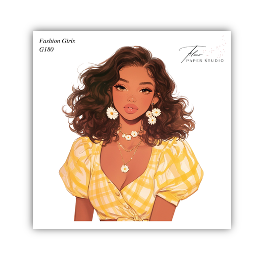 A stylized illustration of a young woman with long, curly hair wearing a yellow and white checkered dress and large earrings.