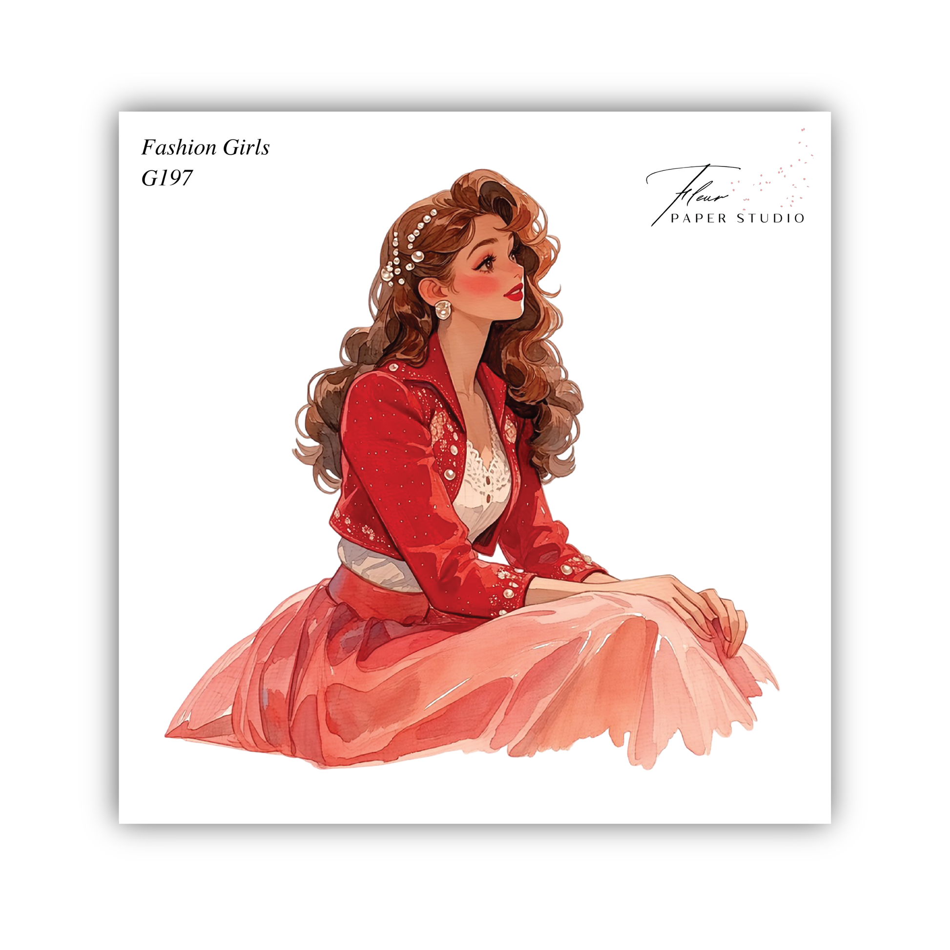 A woman with long, curly hair wearing a red dress and jacket is depicted in the image.