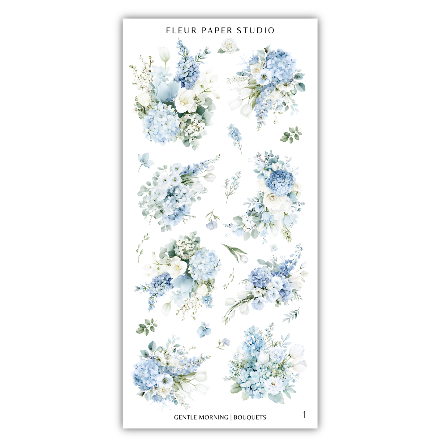 a collection of floral arrangements in various shades of blue and white, including hydrangeas, roses, and other flowers. The text "FLÉR PAPER STUDIO" is visible, indicating the source or publisher of the image.