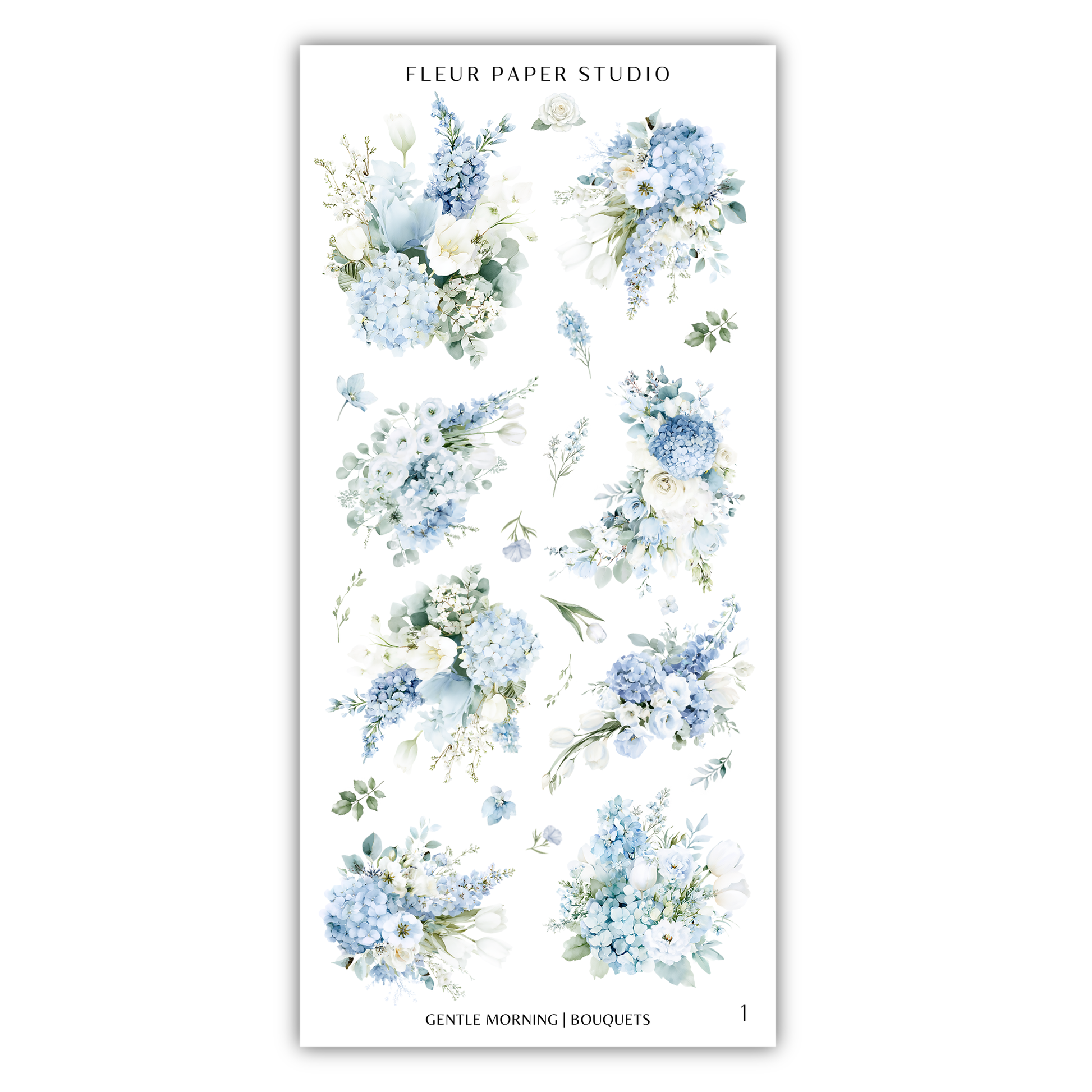 a collection of floral arrangements in various shades of blue and white, including hydrangeas, roses, and other flowers. The text "FLÉR PAPER STUDIO" is visible, indicating the source or publisher of the image.