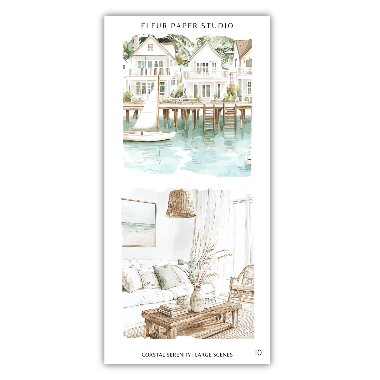 The image is a collage of two scenes from a coastal serenity setting. The top scene depicts a white house with a sailboat on the water, while the bottom scene shows a living room with a sofa, a coffee table, and a vase of flowers.