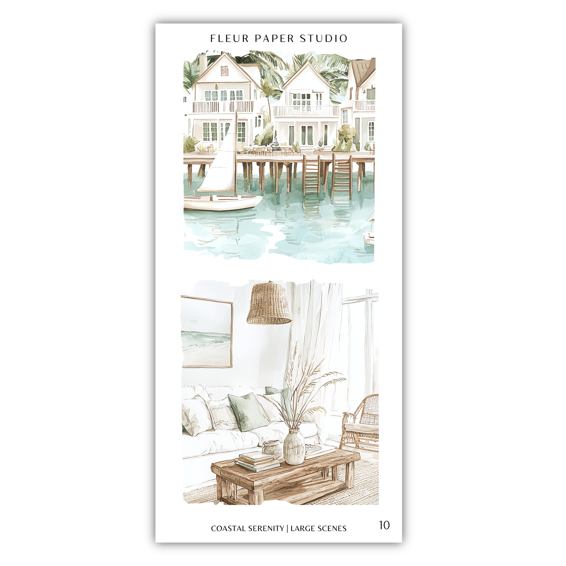 The image is a collage of two scenes from a coastal serenity setting. The top scene depicts a white house with a sailboat on the water, while the bottom scene shows a living room with a sofa, a coffee table, and a vase of flowers.