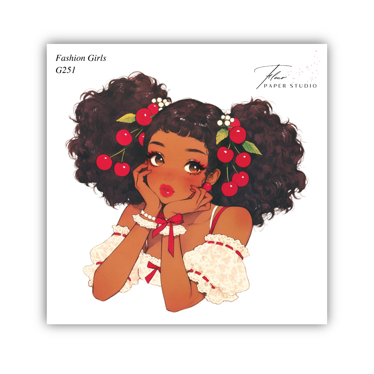 The image is a stylized illustration of a young woman with curly hair and large red cherries adorning her hair. She is wearing a white dress with lace sleeves and a red bow. The image is a collage of multiple smaller images, and the text "Fashion Girls G231" and "Paper Studio" is visible, indicating the source or inspiration behind the artwork.