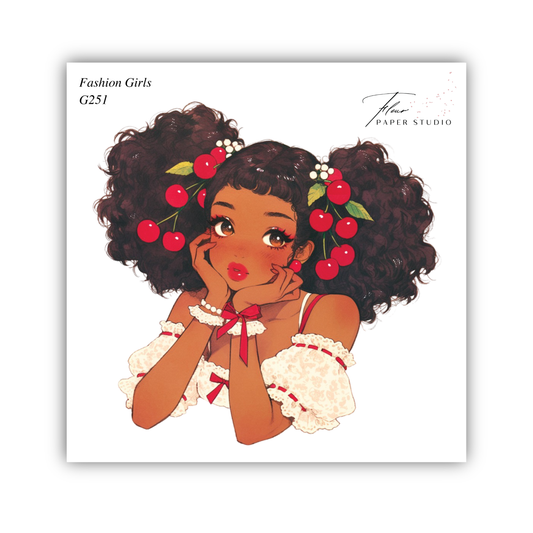 The image is a stylized illustration of a young woman with curly hair and large red cherries adorning her hair. She is wearing a white dress with lace sleeves and a red bow. The image is a collage of multiple smaller images, and the text "Fashion Girls G231" and "Paper Studio" is visible, indicating the source or inspiration behind the artwork.