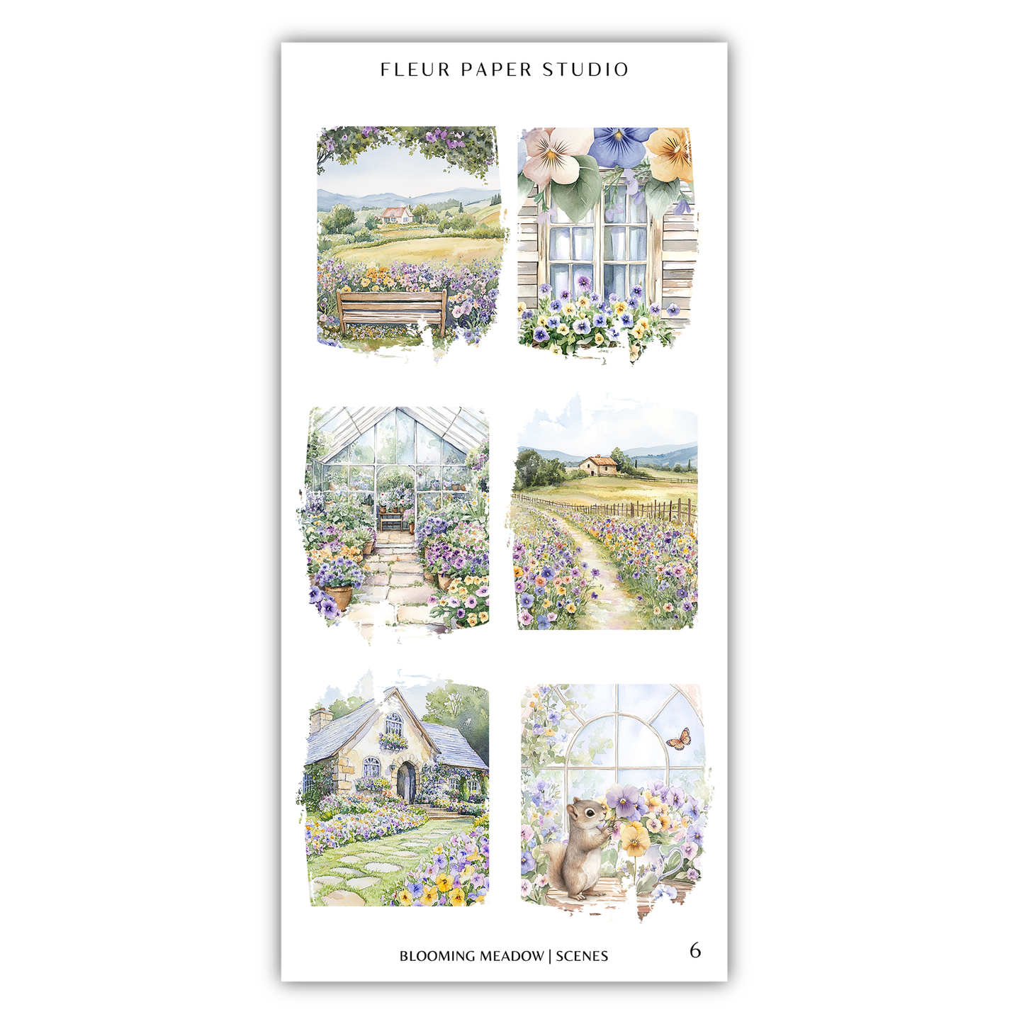The image is a collage of six scenes depicting various garden and floral elements, including a greenhouse, a path, a house, a meadow, a bench, and a butterfly.