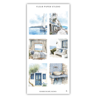 The image is a collage of six pictures depicting various scenes, including a sailboat on the water, a coastal town, a bedroom, a bench, a sink, and a tree.