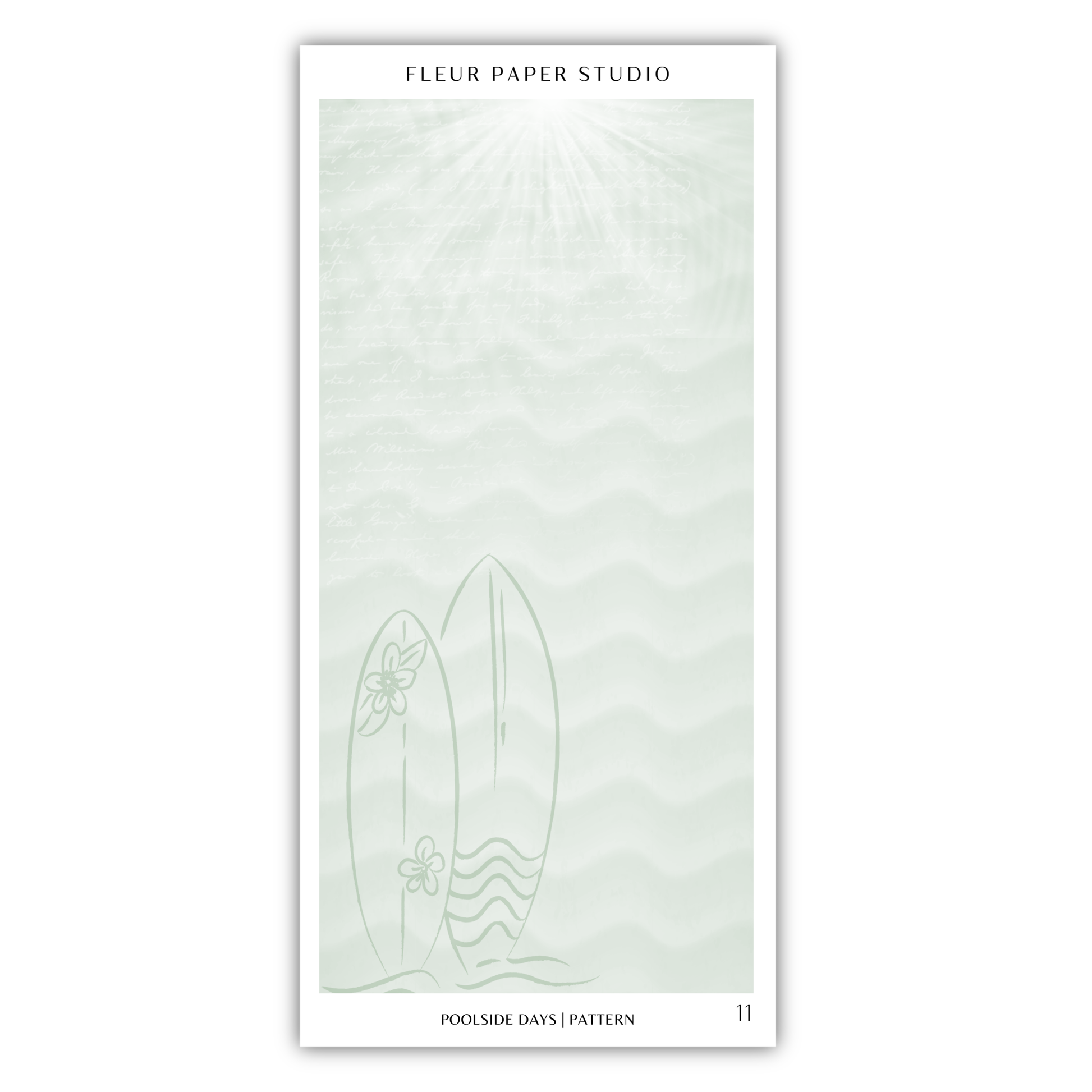two surfboards against a wavy background, with the text "FLEUR PAPER STUDIO" and "POOLSIDE DAYS (PATTERN)" visible.
