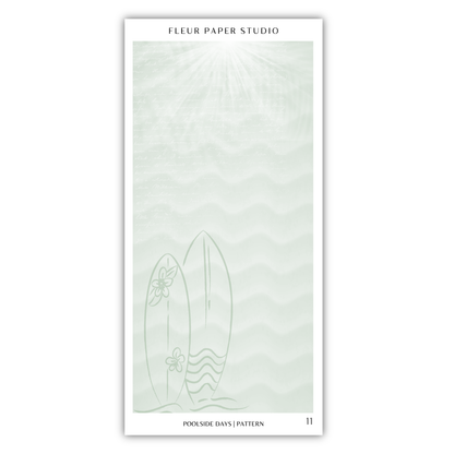 two surfboards against a wavy background, with the text "FLEUR PAPER STUDIO" and "POOLSIDE DAYS (PATTERN)" visible.
