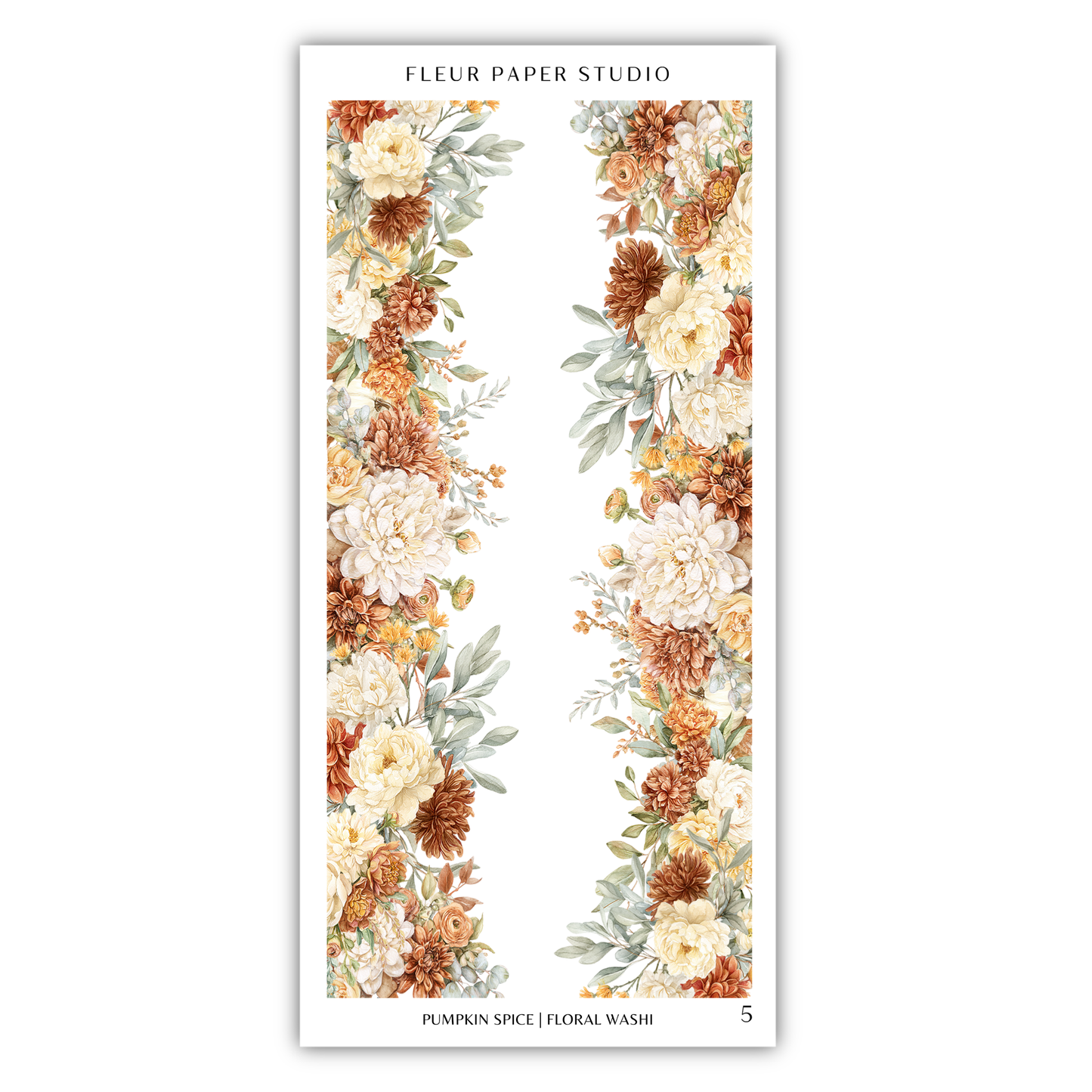 a floral border with a variety of autumn-colored flowers, including white, orange, and brown blooms, arranged in a vertical pattern.