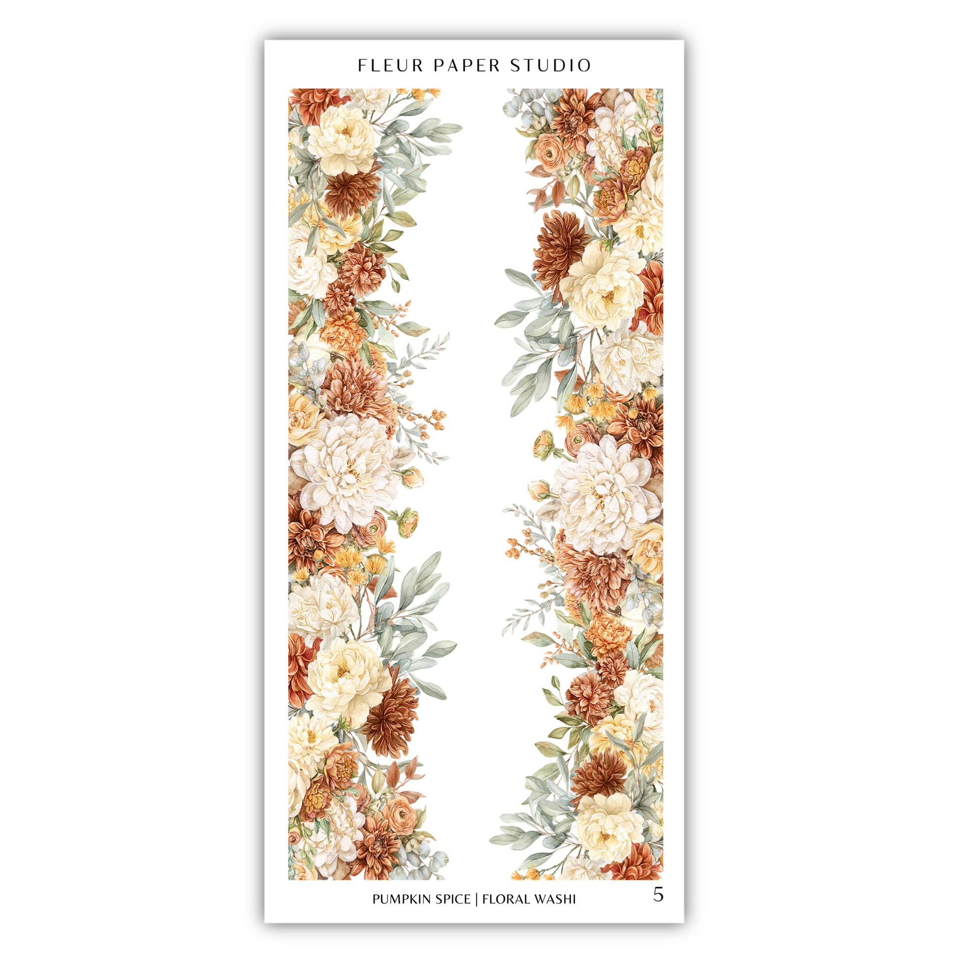 a floral border with a variety of autumn-colored flowers, including white, orange, and brown blooms, arranged in a vertical pattern.