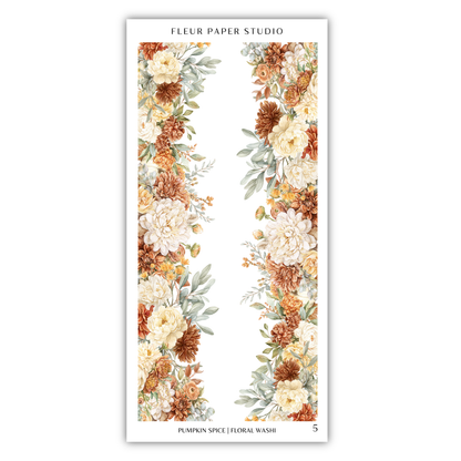 a floral border with a variety of autumn-colored flowers, including white, orange, and brown blooms, arranged in a vertical pattern.