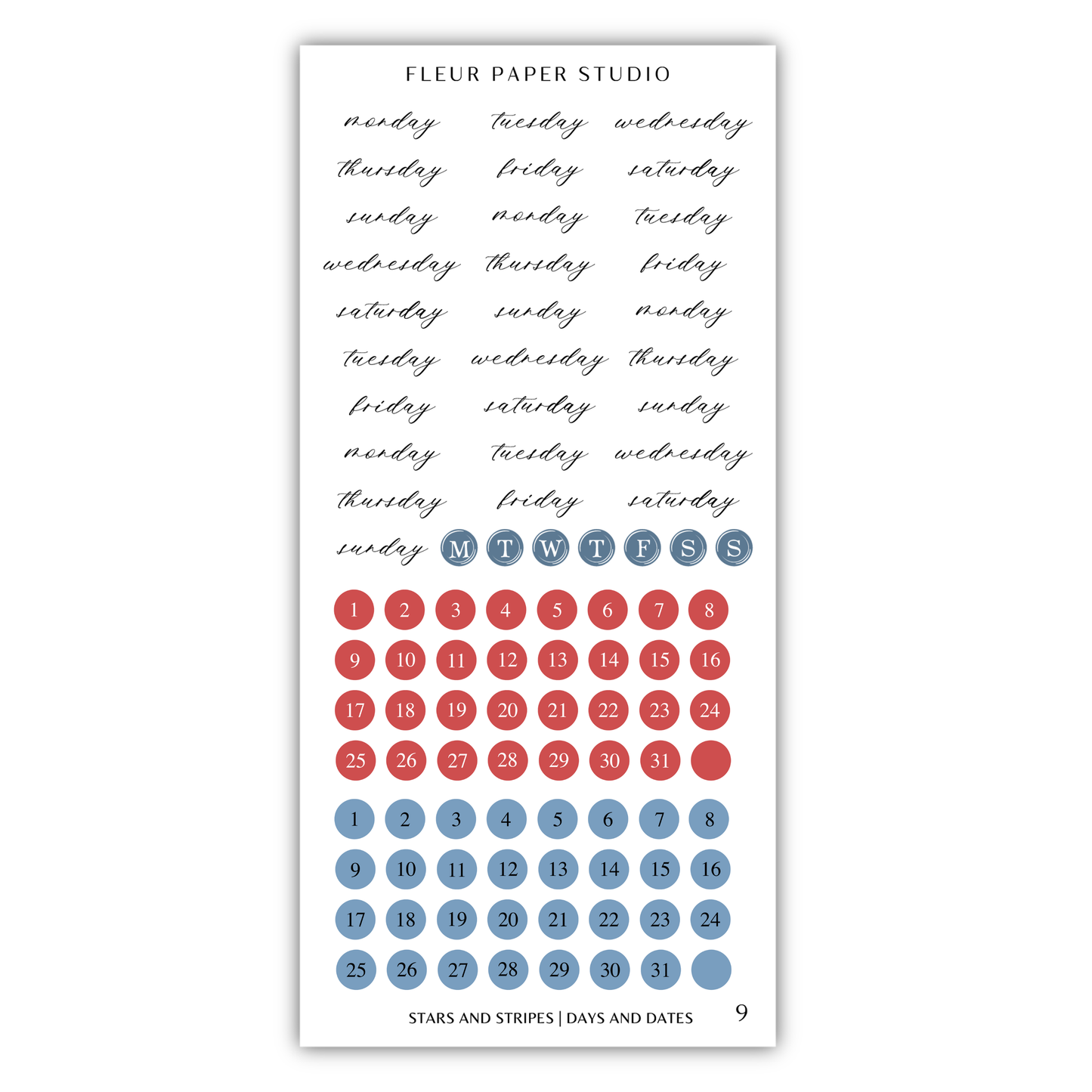 The image is a calendar and sticker set for the Fleur Paper Studio, featuring a calendar with days of the week and a set of stickers with days of the week and days of the month.