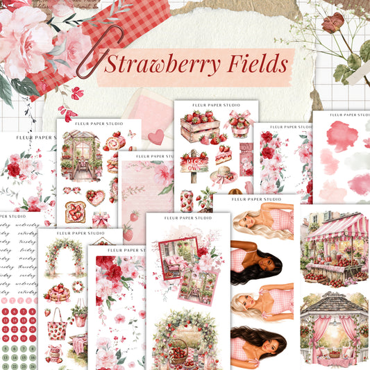 The image is a collage of various illustrations and designs related to the theme of "Strawberry Fields". It includes images of flowers, people, and other elements commonly associated with a strawberry field. The collage is presented in a visually appealing and cohesive manner, showcasing the different elements and their arrangement.