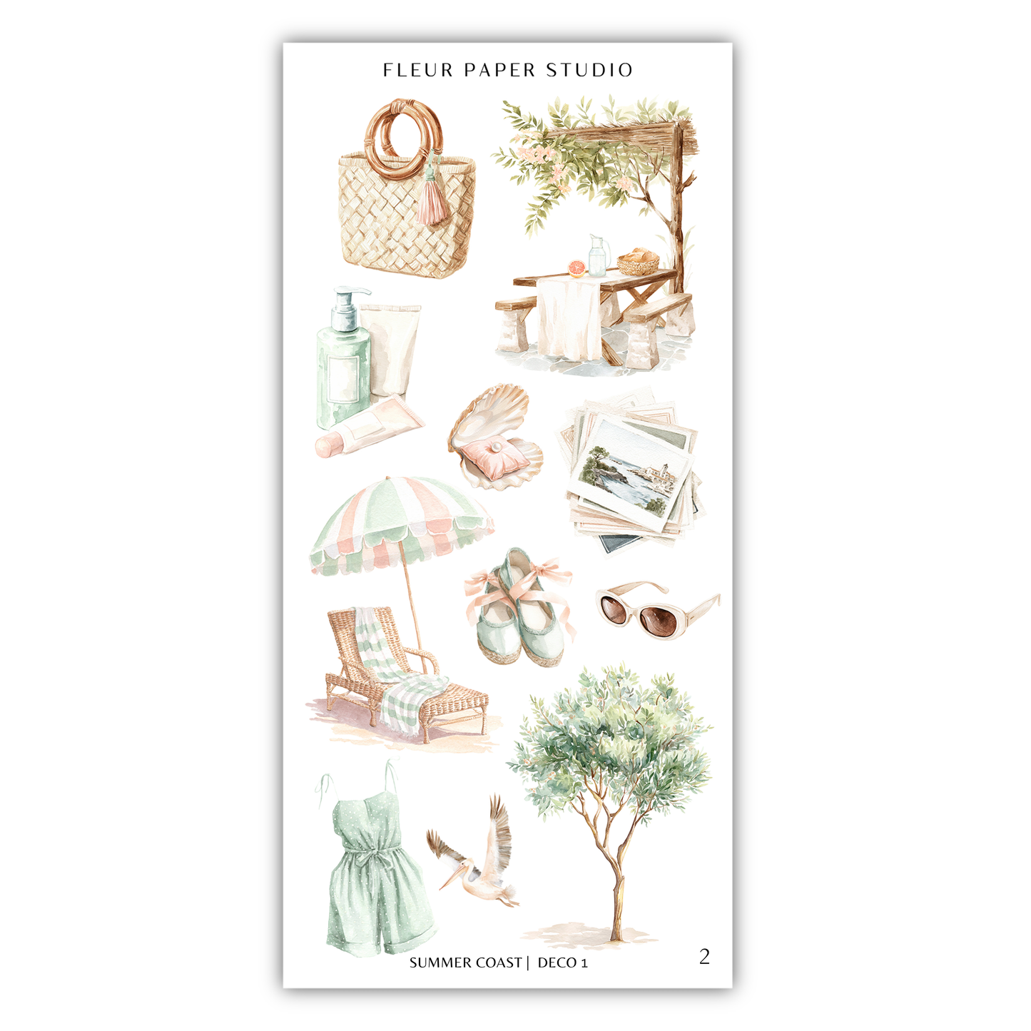 various summer-themed objects and accessories, including a woven basket, a beach umbrella, sunglasses, a dress, and a tree.