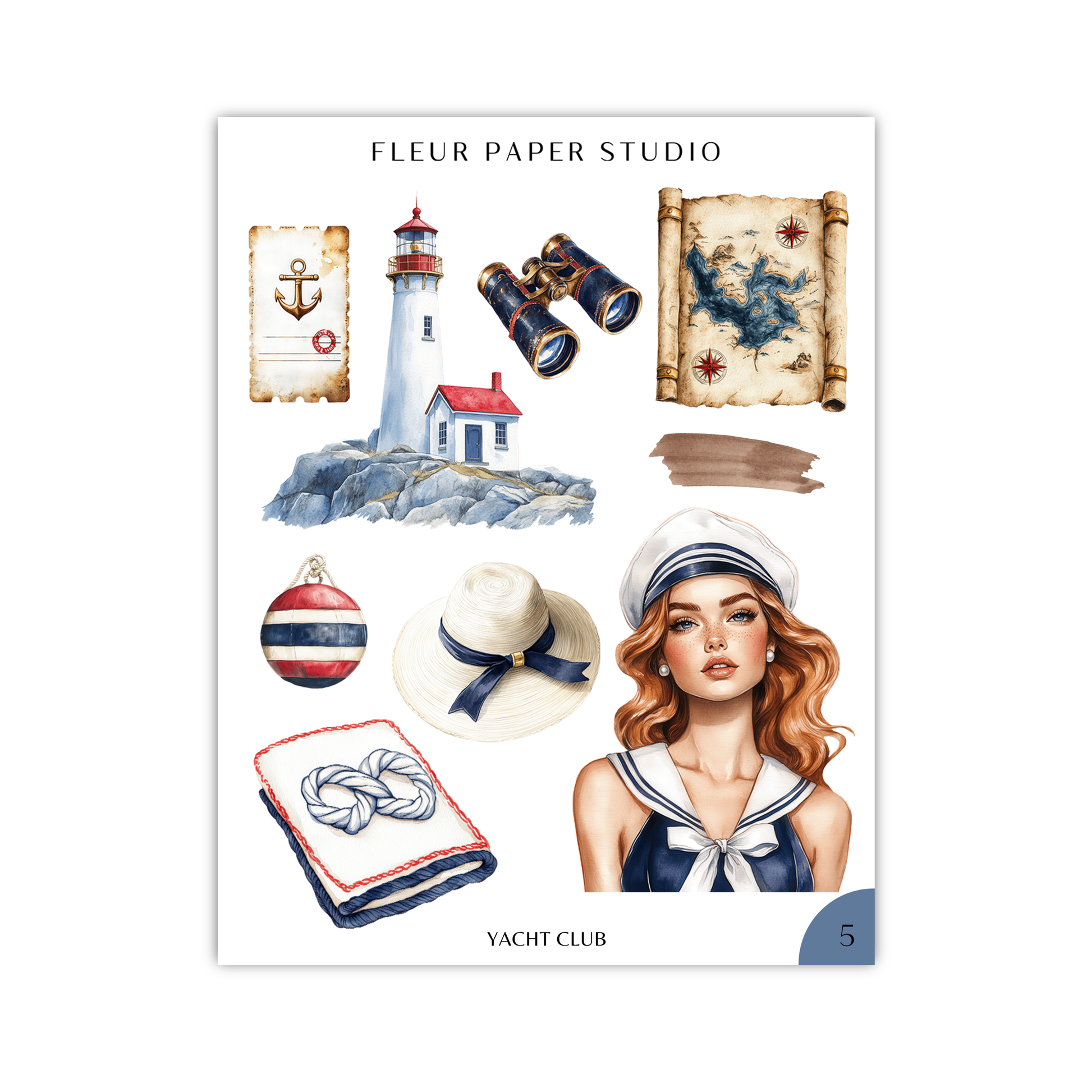 The image is a collage of various nautical and maritime-themed items, including a lighthouse, a map, a woman in a nautical outfit, a hat, a book, and a boat.