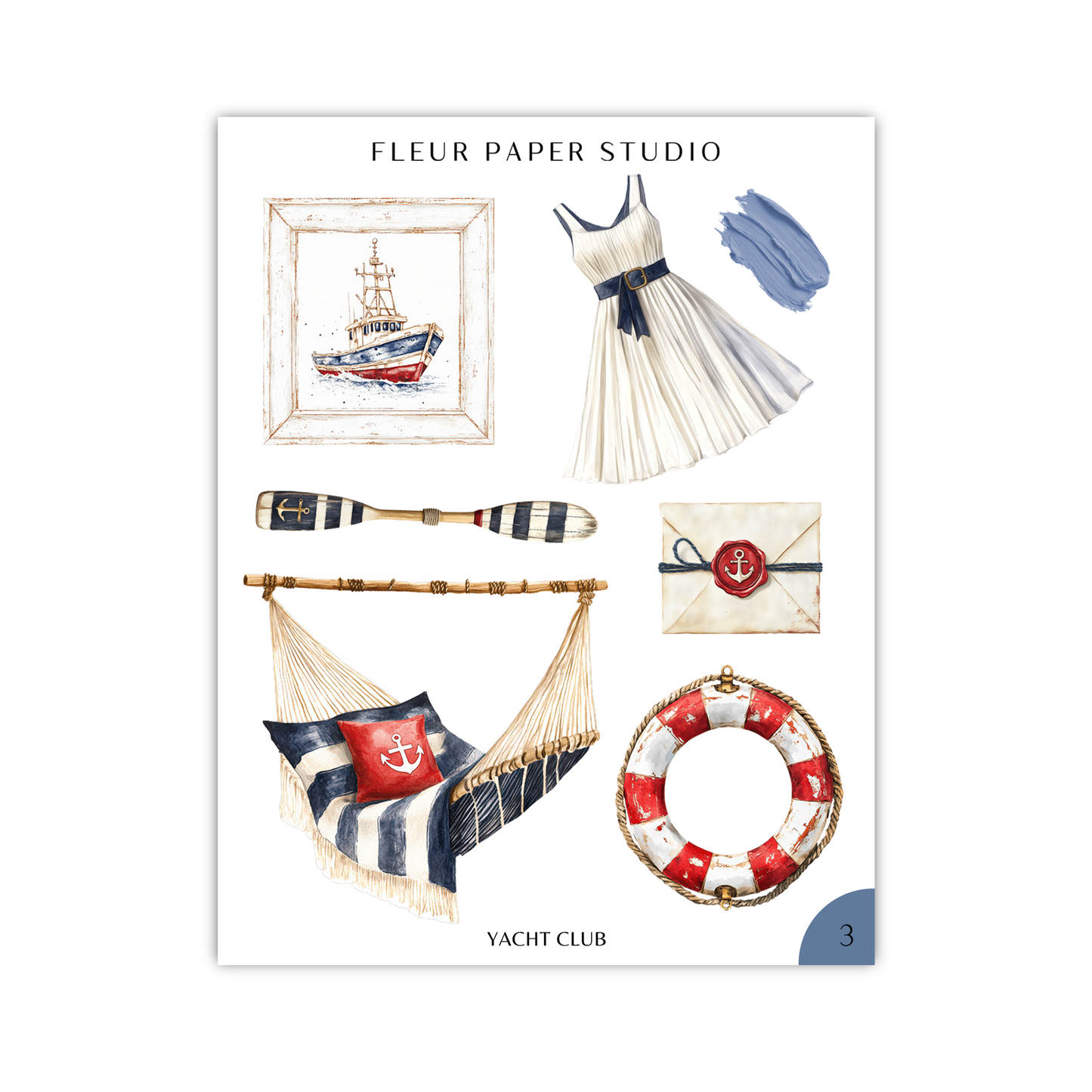 The image is a collage of various nautical-themed items, including a framed image of a ship, a white dress, a blue hat, a red and white striped pillow, a red and white striped bag, a red and white striped envelope, a red and white striped rope, a red and white striped hammock, a red and white striped life preserver, and a red and white striped pillow.