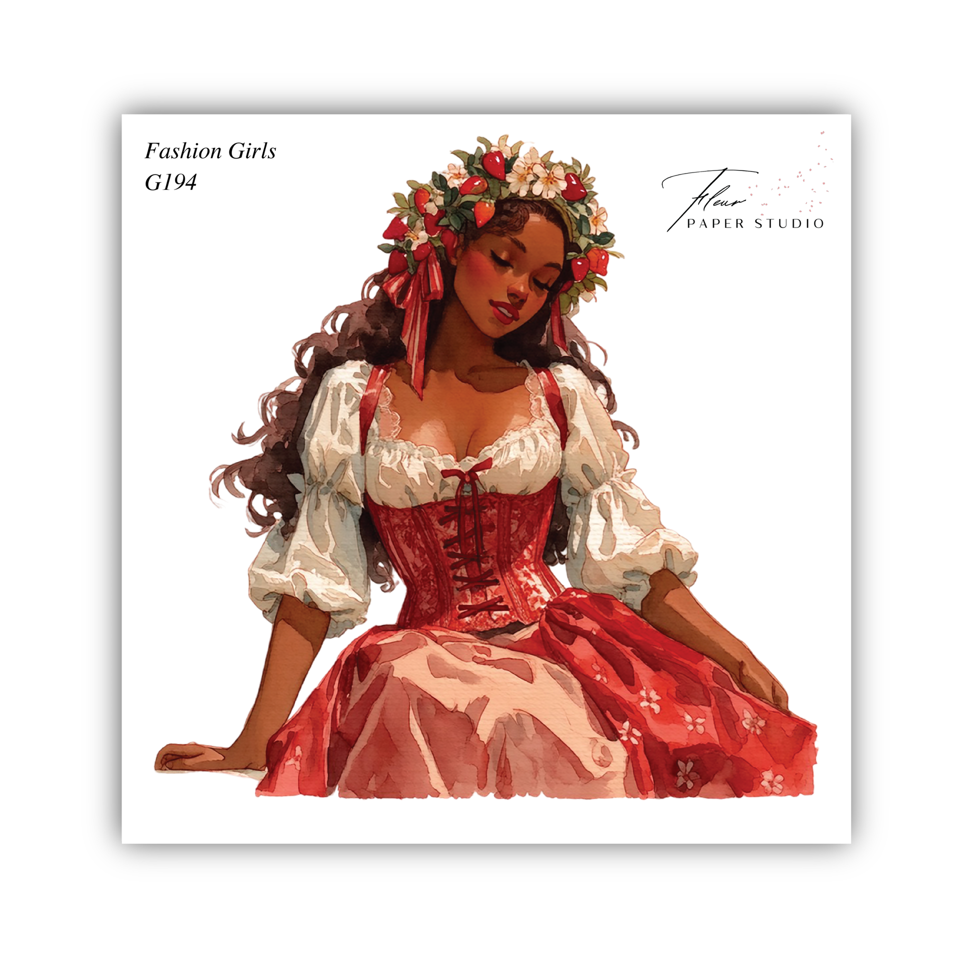 A watercolor painting of a woman wearing a red and white dress with a floral headpiece, sitting with her hands resting on her knees.
