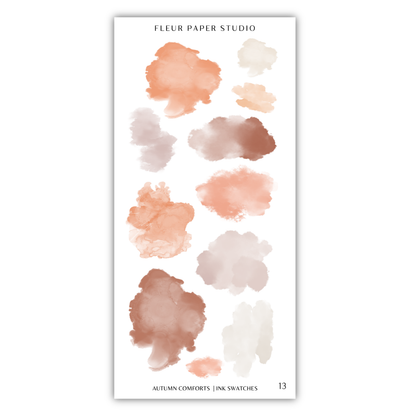 The image is a collection of abstract watercolor brush strokes in various shades of orange, brown, and beige, arranged in a vertical format.