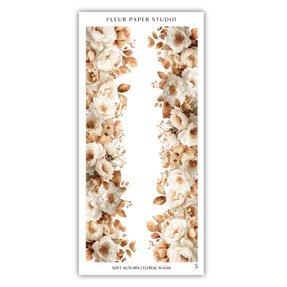 a floral design with white and peach-colored flowers arranged in a vertical pattern.