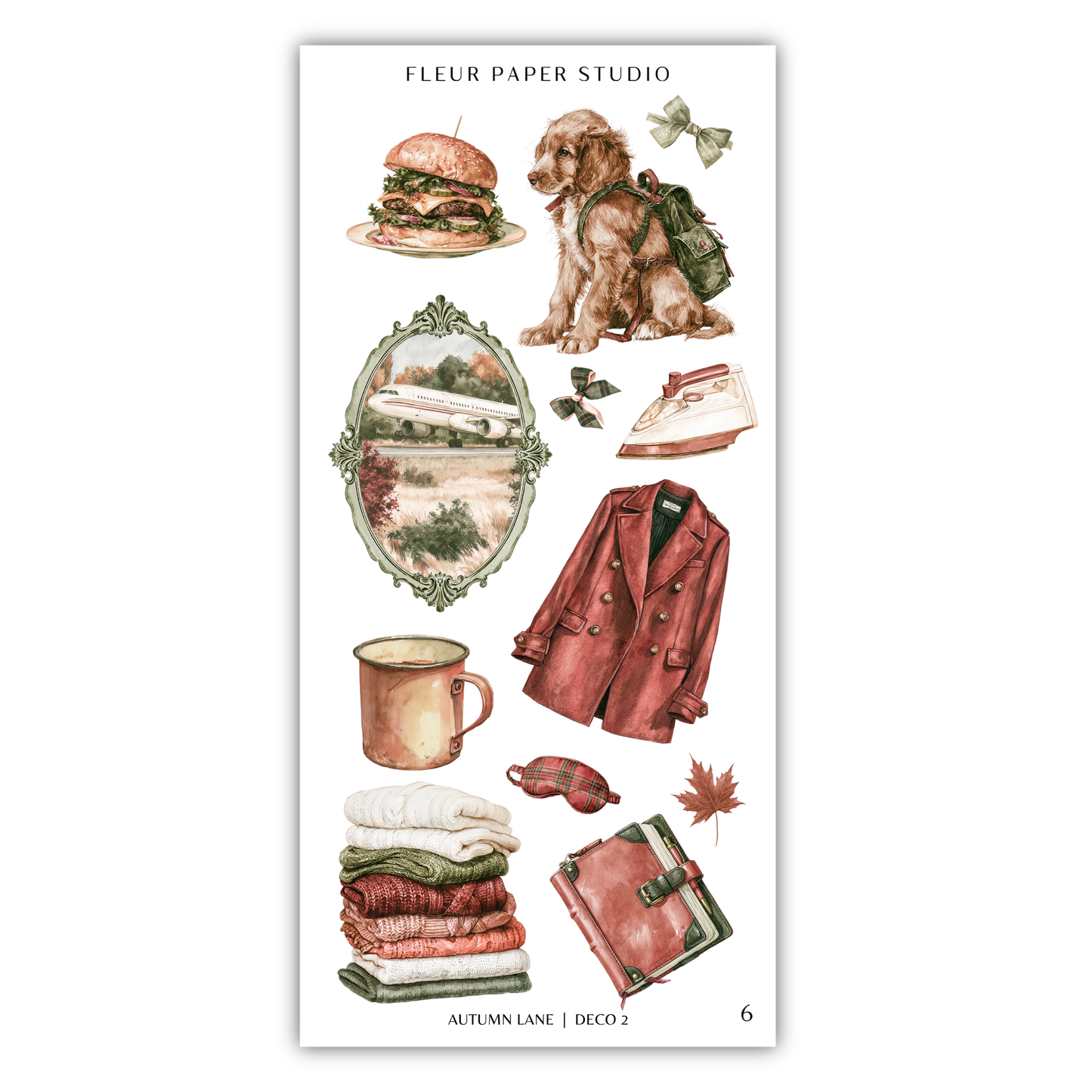 The image is a collage of various objects and scenes, including a hamburger, a dog, a mirror, a suitcase, a book, a mug, a coat, a backpack, a tree, a book, a cup, a blanket, a leaf, and a pair of glasses.