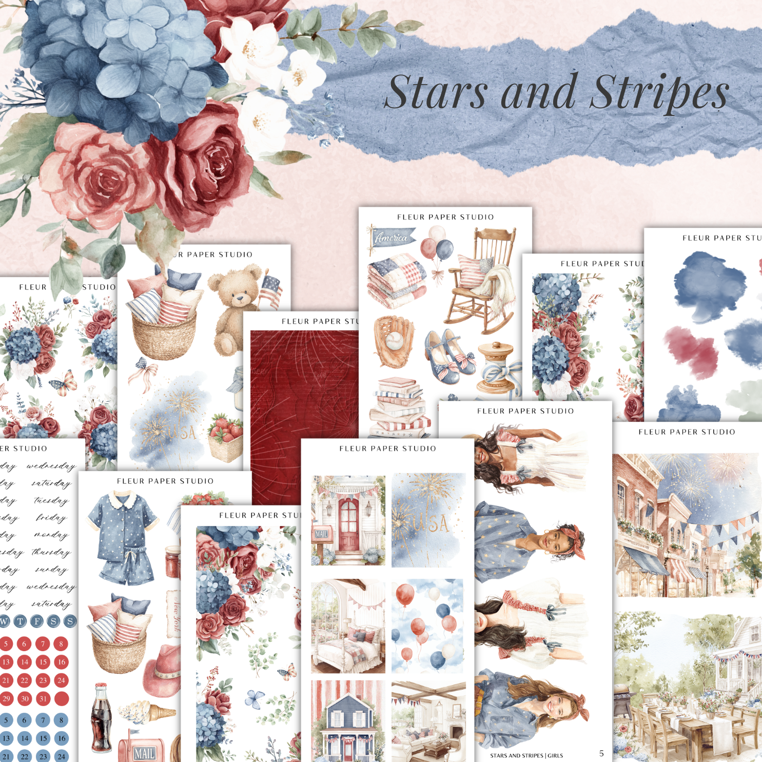 The image is a collage of various illustrations and designs related to stars and stripes, including floral elements, clothing, and other decorative motifs.