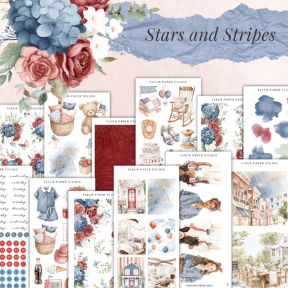 The image is a collage of various illustrations and designs related to stars and stripes, including floral elements, clothing, and other decorative motifs.