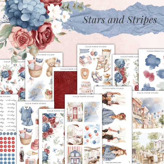 The image is a collage of various illustrations and designs related to stars and stripes, including floral elements, clothing, and other decorative motifs.