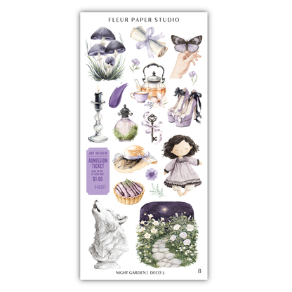 various illustrations and objects related to the theme of "Night Garden" from the book "Deco 3" by Fleur Paper Studio. The illustrations include mushrooms, a butterfly, a key, a teapot, a pair of shoes, a doll, a wolf, a garden path, and a night garden scene.