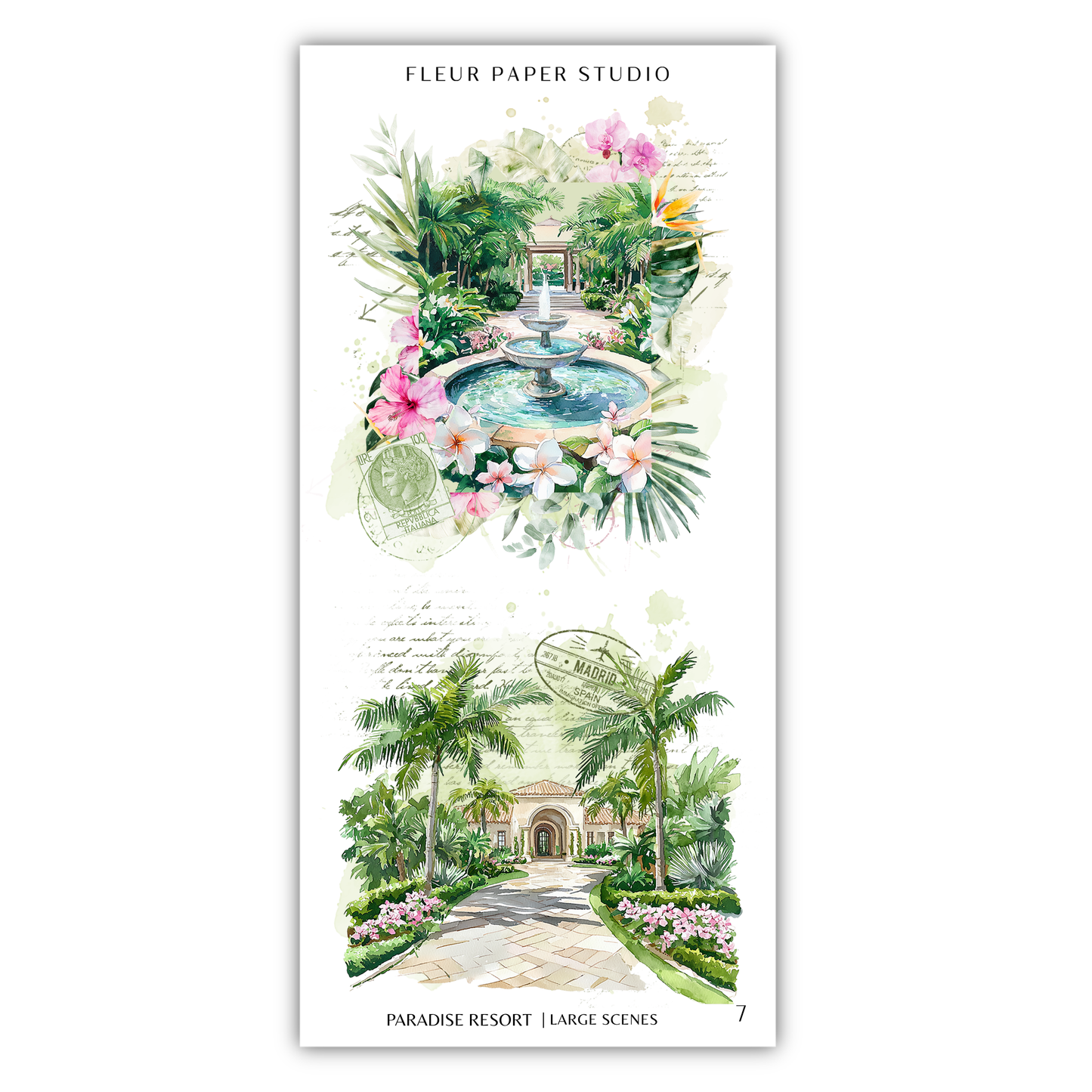 The image is a collage of two large scenes from a tropical resort, featuring lush greenery, a fountain, palm trees, and a building.