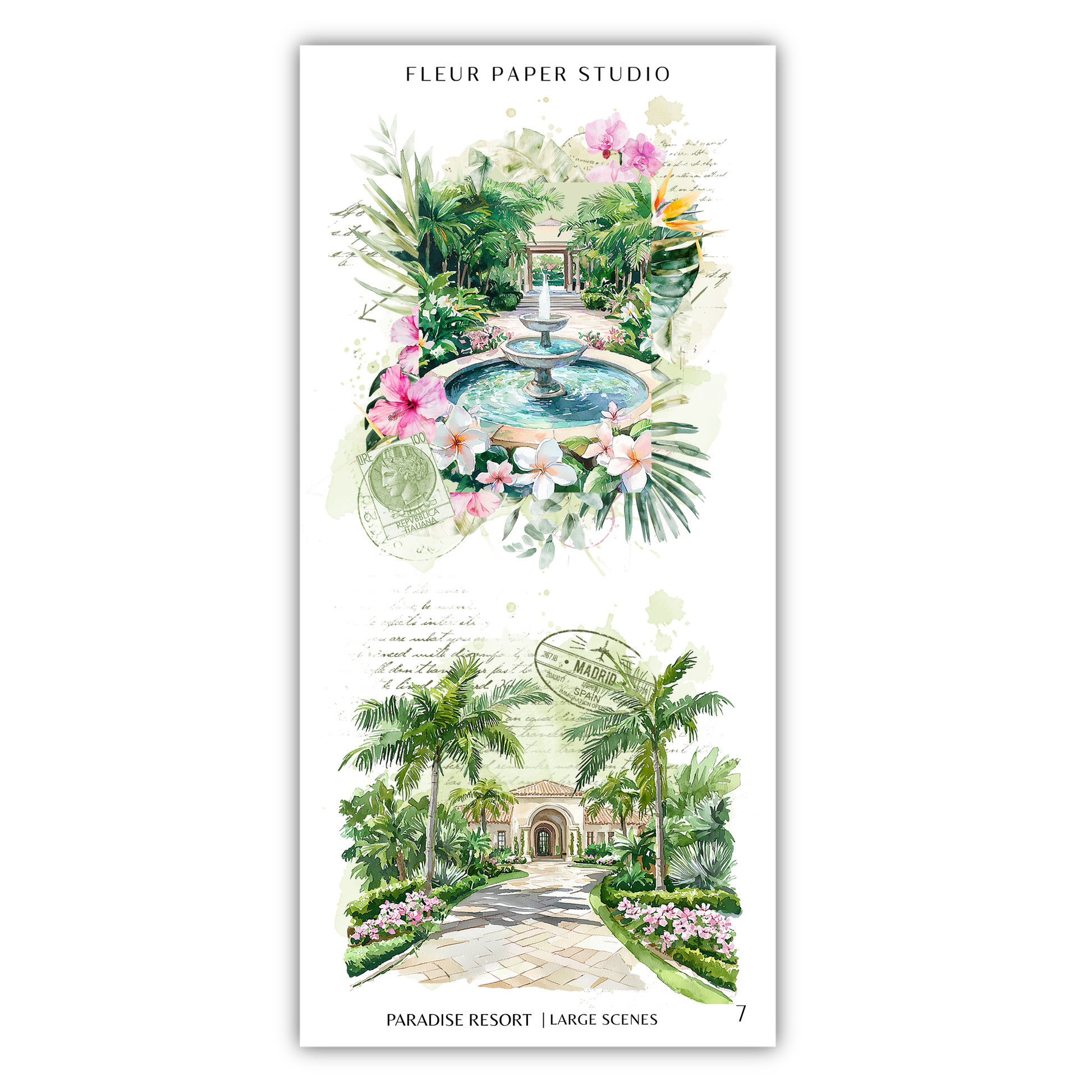 The image is a collage of two large scenes from a tropical resort, featuring lush greenery, a fountain, palm trees, and a building.