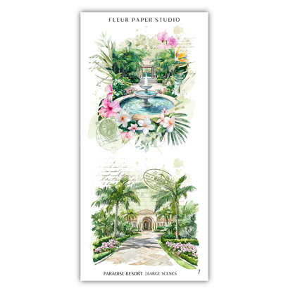 The image is a collage of two large scenes from a tropical resort, featuring lush greenery, a fountain, palm trees, and a building.