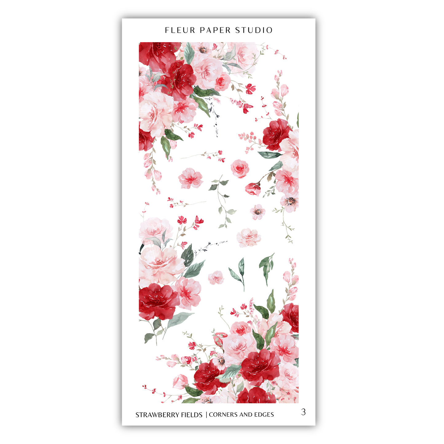 The image is a collage of various floral images, including red and pink flowers, along with leaves and greenery. The collage is titled "FLÉR PAPER STUDIO" and includes the text "STRAWBERRY FIELDS / CORNERS AND EDGES".
