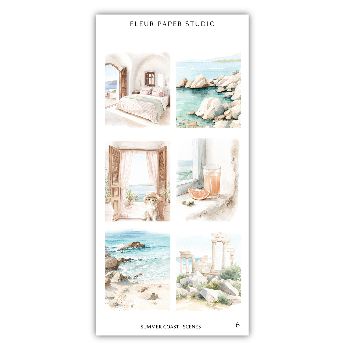The image is a collage of six pictures depicting various scenes, including a bedroom, a rocky coastline, a dog, a glass of orange juice, a beach, and a stone structure.