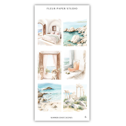 The image is a collage of six pictures depicting various scenes, including a bedroom, a rocky coastline, a dog, a glass of orange juice, a beach, and a stone structure.