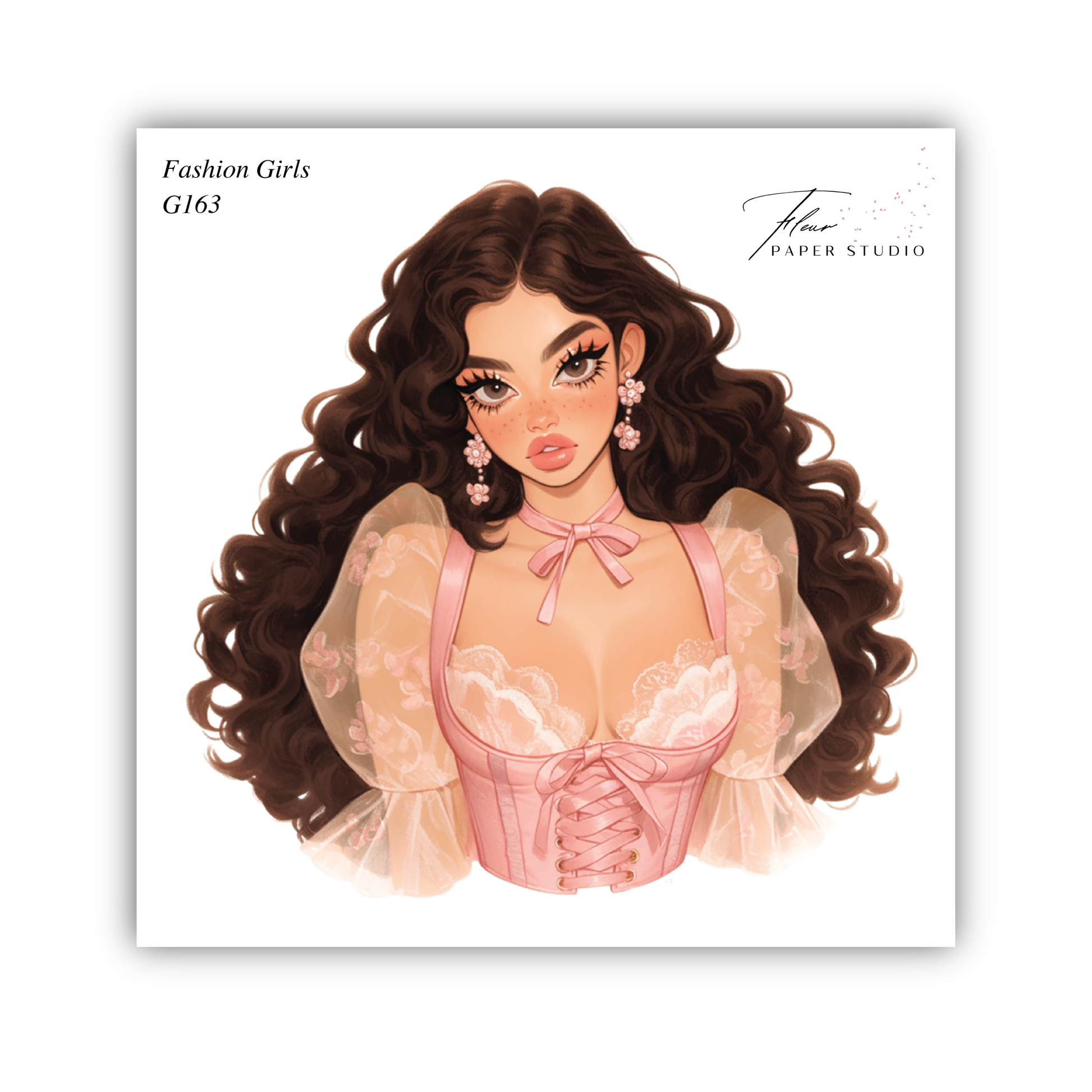 The image is a stylized illustration of a woman with long, curly brown hair wearing a pink lace corset and a pink dress.