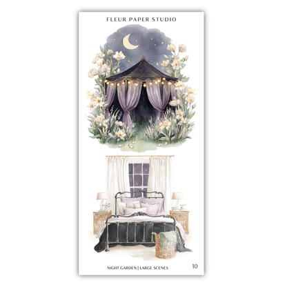 The image is a collage of two scenes. The top scene depicts a tent with a crescent moon and stars, surrounded by flowers and greenery. The bottom scene shows a bedroom with a bed, nightstands, and a window.