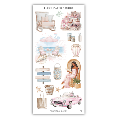 The image is a collection of various decorative items and objects, including a rocking chair, a pink car, a beach chair, a vase, a bottle, a basket, a sign, and a woman sitting in a chair.