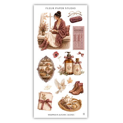 The image is a collage of various autumn-themed items, including a woman sitting by a window, a pair of glasses, a book, a vase, a bottle, a teapot, a basket, a pair of boots, a flower, a bird, and a basket of cookies.