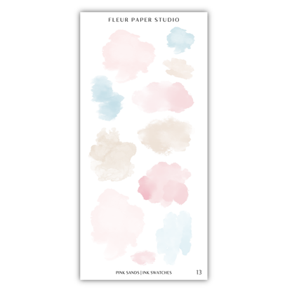 a collection of abstract watercolor brush strokes in various pastel colors, including pink, blue, and beige.