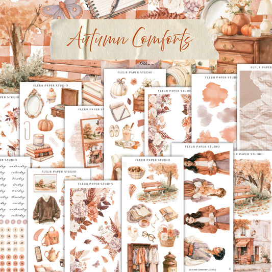 The image is a collage of various autumn-themed illustrations and objects, including pumpkins, leaves, flowers, and other seasonal elements. The collage is titled "Autumn Comforts" and includes text that describes the different elements in the collage.