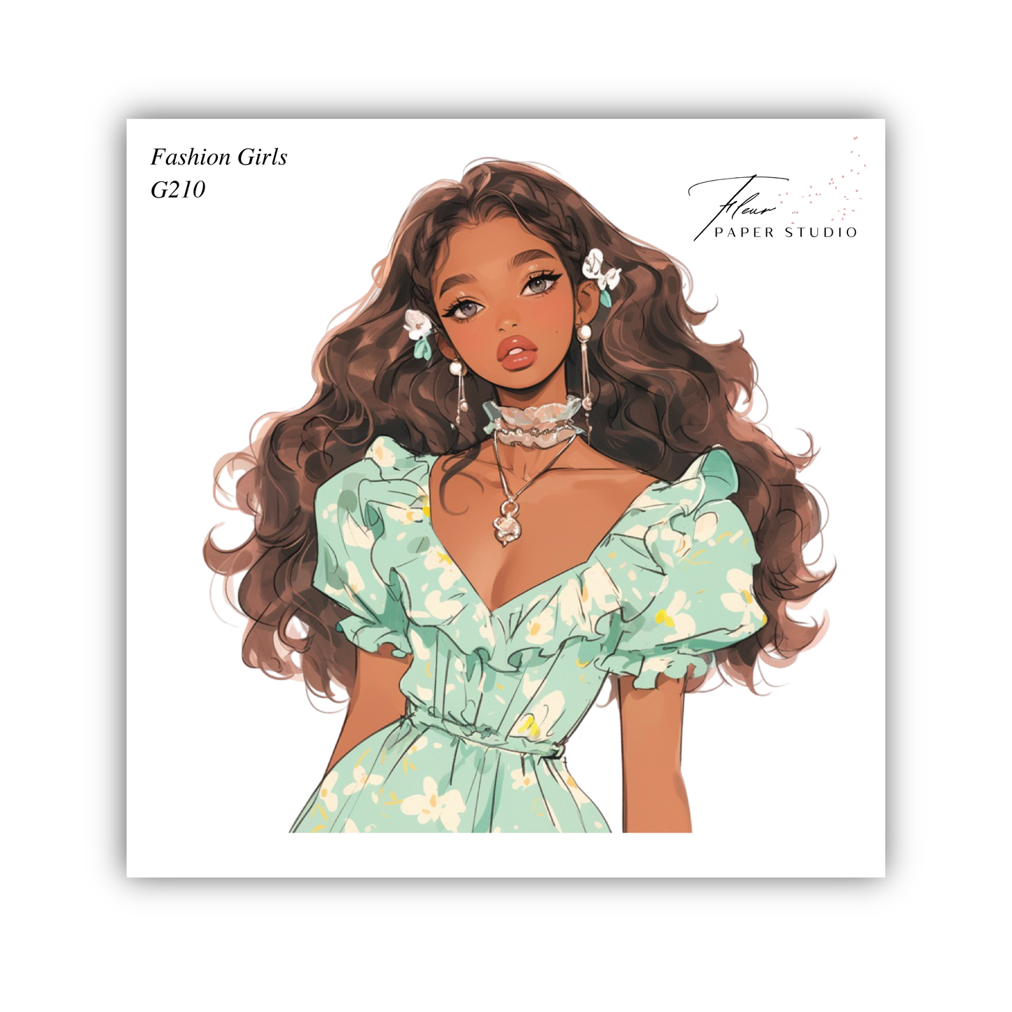 A stylized illustration of a young woman with long, curly hair wearing a green dress with white floral patterns.