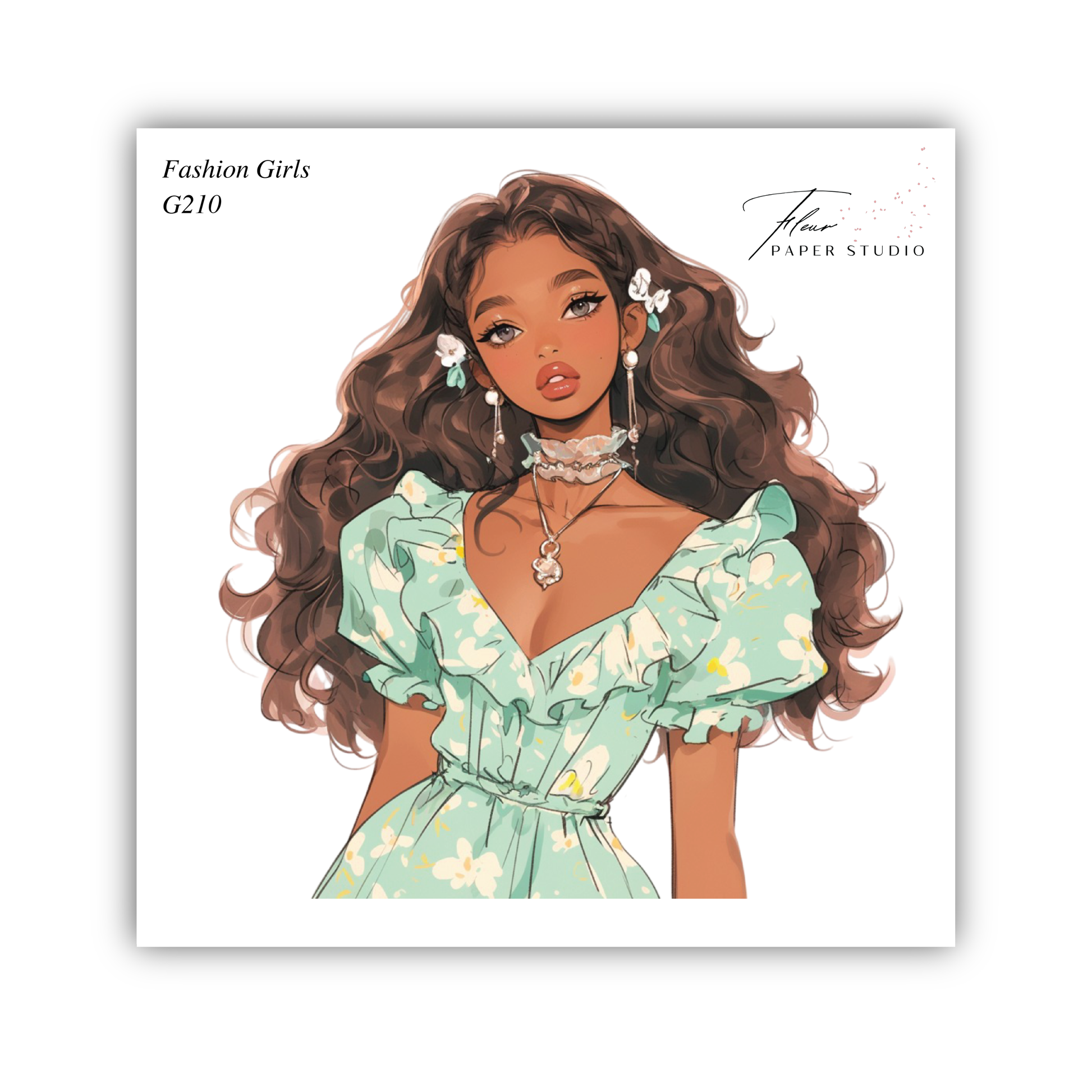 A stylized illustration of a young woman with long, curly hair wearing a green dress with white floral patterns.