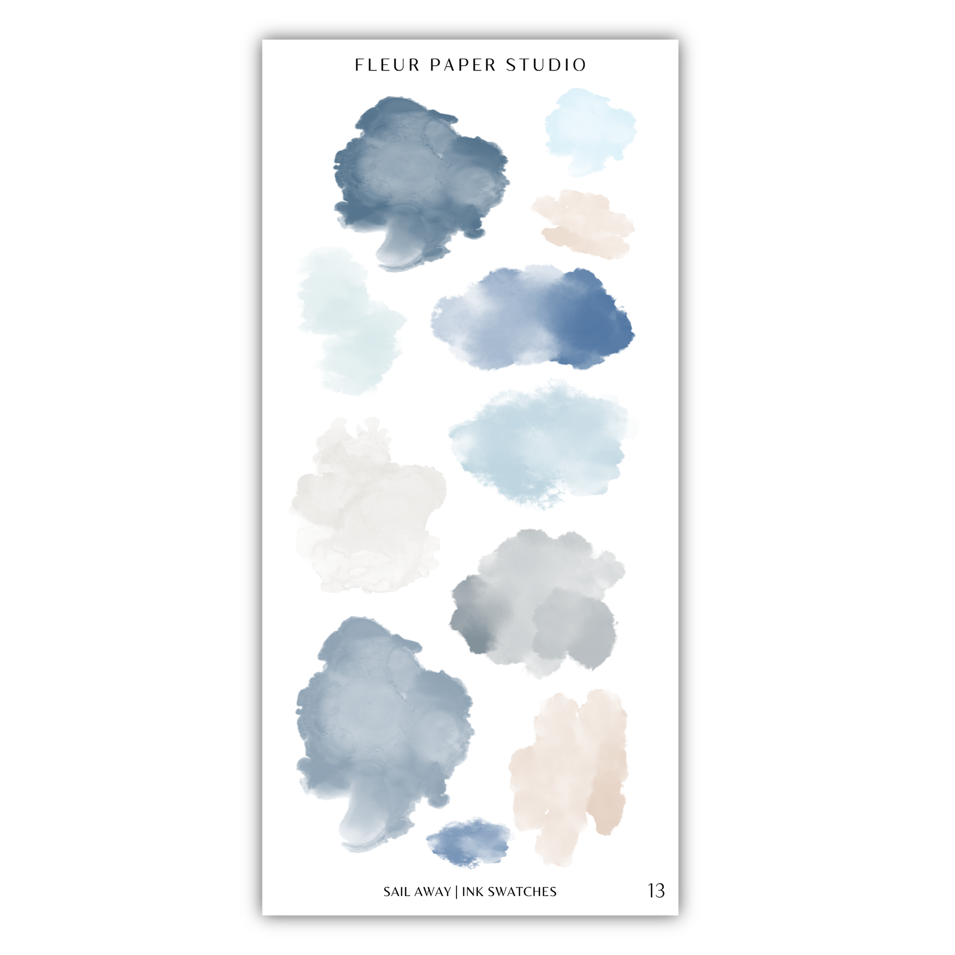 a collection of abstract watercolor brush strokes in various shades of blue, gray, and beige, arranged in a grid-like pattern.