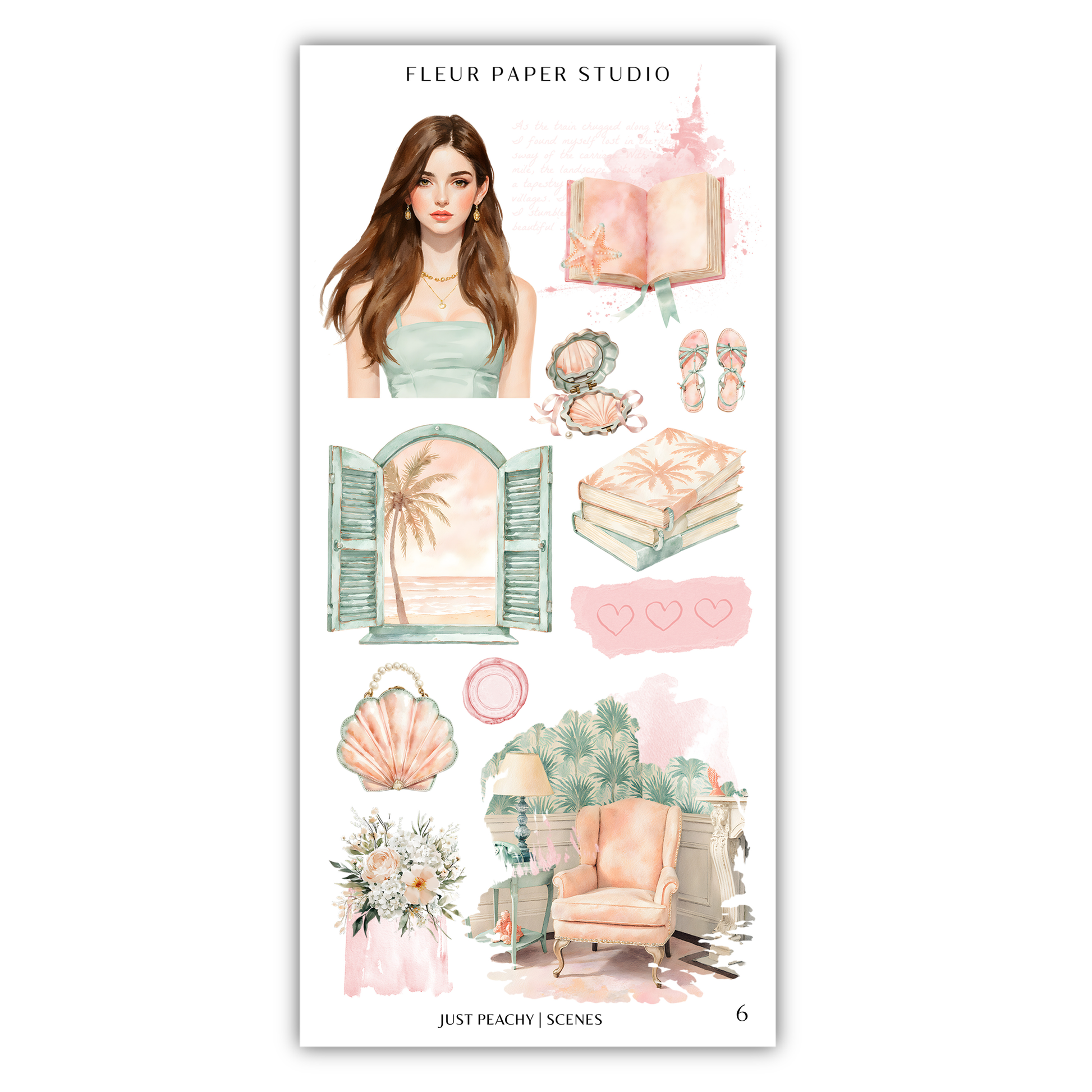 The image is a collage of various illustrations and scenes, including a woman, a book, a window, flowers, a chair, and other decorative elements, all set against a pink and green color palette.