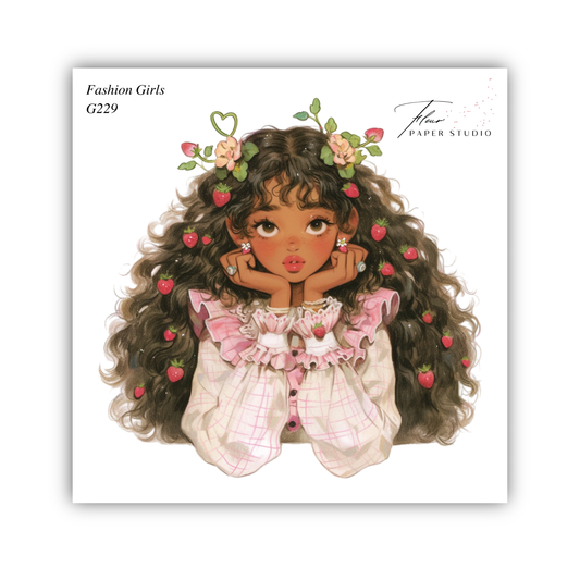 The image is a digital illustration of a young woman with long, curly hair and a flower crown. She is wearing a pink and white outfit and has a pensive expression on her face.